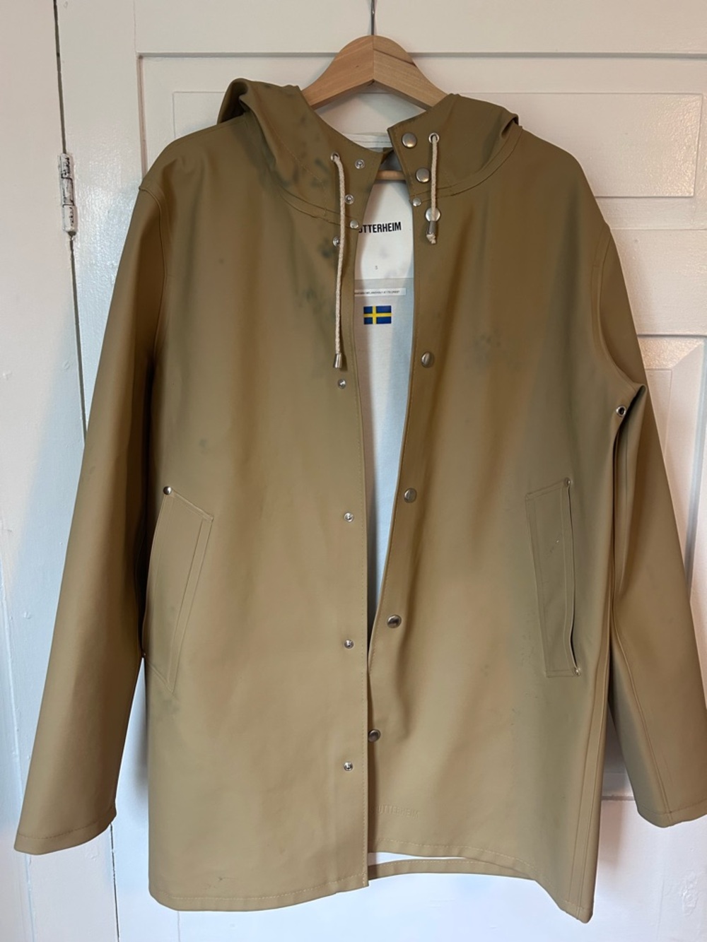 Stutterheim Stockholm Raincoat Tan Camel Size Small Rubberized Jacket Hooded